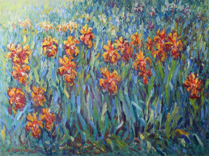 Pittura intitolato "Yellow irises" da Liudvikas Daugirdas, Opera d'arte originale, Olio