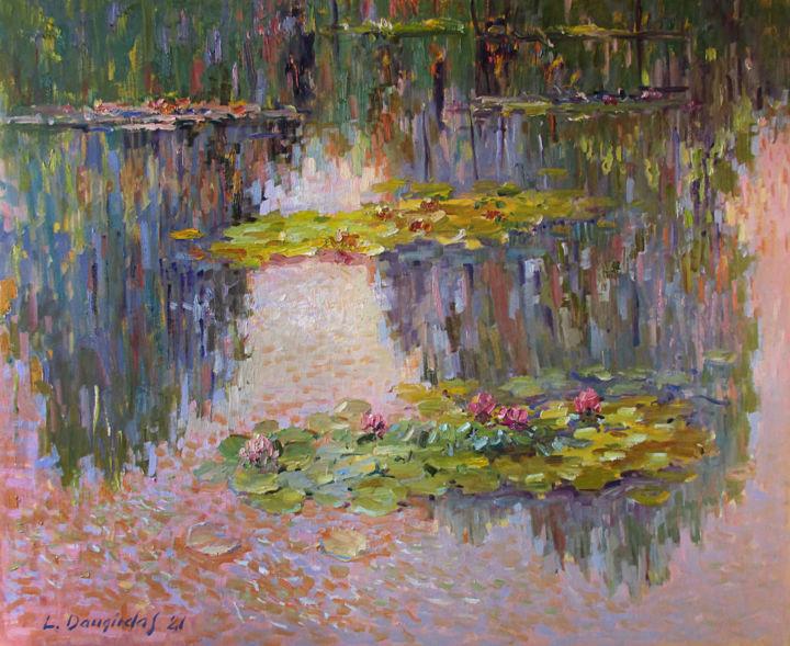 Painting titled "Water lilies with r…" by Liudvikas Daugirdas, Original Artwork, Oil Mounted on Wood Stretcher frame