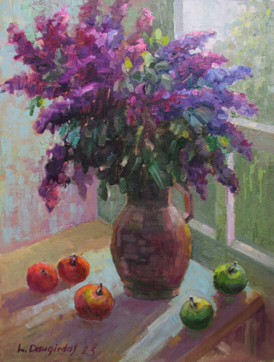 Painting titled "Lilac flowers in th…" by Liudvikas Daugirdas, Original Artwork, Oil Mounted on Wood Stretcher frame