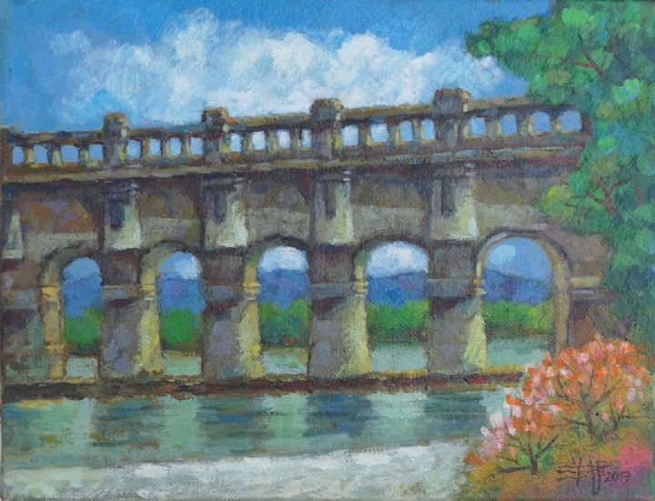 Schilderij getiteld "Guanxi Arch Bridge" door Yang-Che Liu, Origineel Kunstwerk, Olie