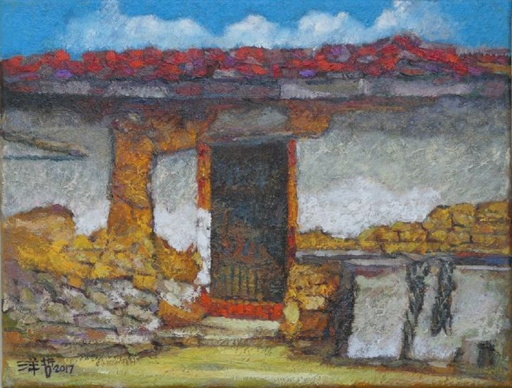 Schilderij getiteld "Hukou Clay House" door Yang-Che Liu, Origineel Kunstwerk, Olie