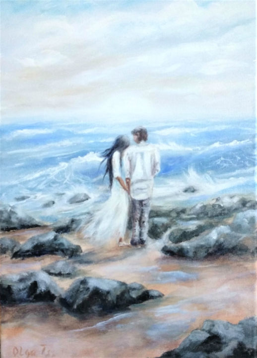 Schilderij getiteld "Wind of love Couple…" door Olga Tsyhypko, Origineel Kunstwerk, Acryl Gemonteerd op Frame voor houten br…