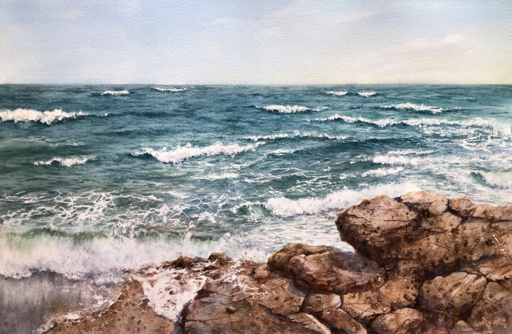 Pintura titulada "Seascape Watercolor…" por Lolita Ros, Obra de arte original, Acuarela