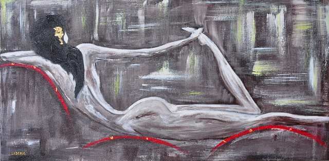 「femme au sofa」というタイトルの絵画 Sandrine Lascolsによって, オリジナルのアートワーク, オイル