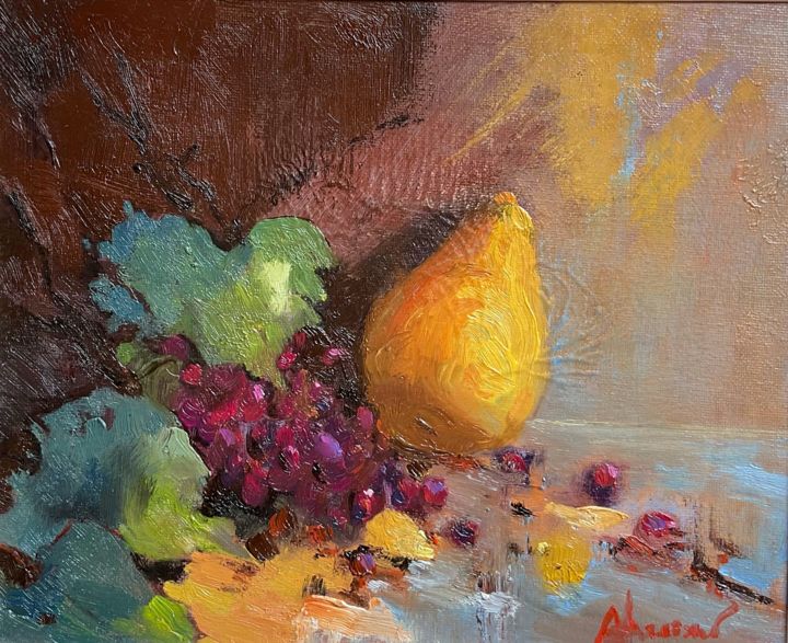 Painting titled "The pear and the gr…" by Aluizio Loureiro, Original Artwork, Oil Mounted on Wood Panel