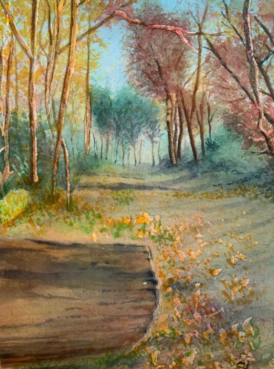 Pintura titulada "chemin forestier" por Stephane Louveau, Obra de arte original, Acuarela