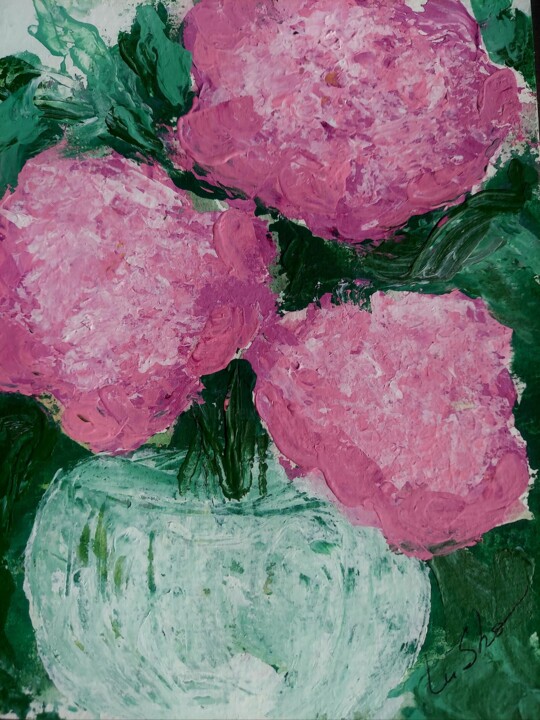 Painting titled "Pink Peonies in Whi…" by Lu Sho, Original Artwork, Acrylic