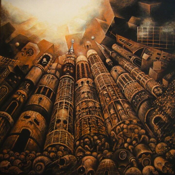 Painting titled "Makropolis II" by Ľubomír Sinčák, Original Artwork, Acrylic Mounted on Wood Stretcher frame