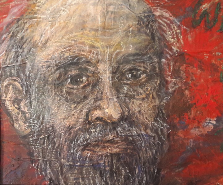 Painting titled "Zelfportret in rood" by Luc Devondel, Original Artwork, Chalk