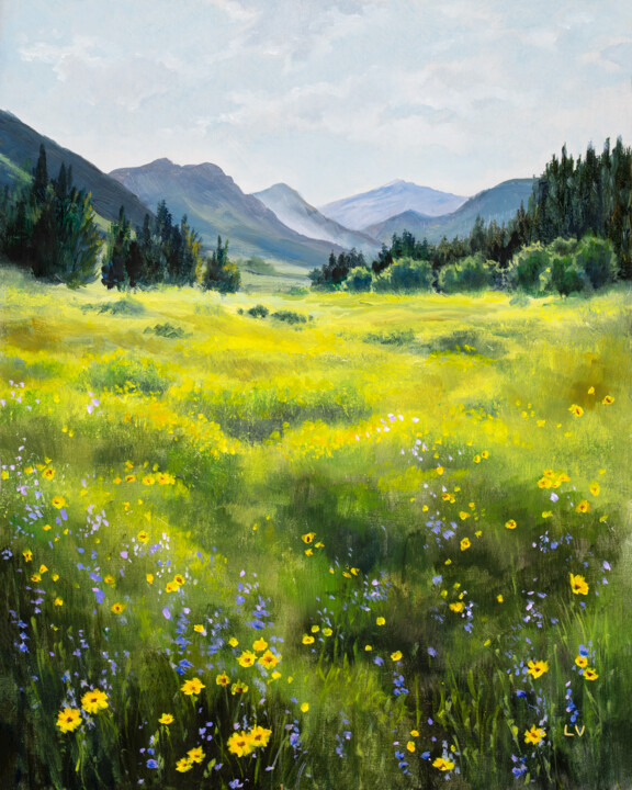 Painting titled "Mountain yellow flo…" by Lucia Verdejo, Original Artwork, Oil Mounted on Wood Panel