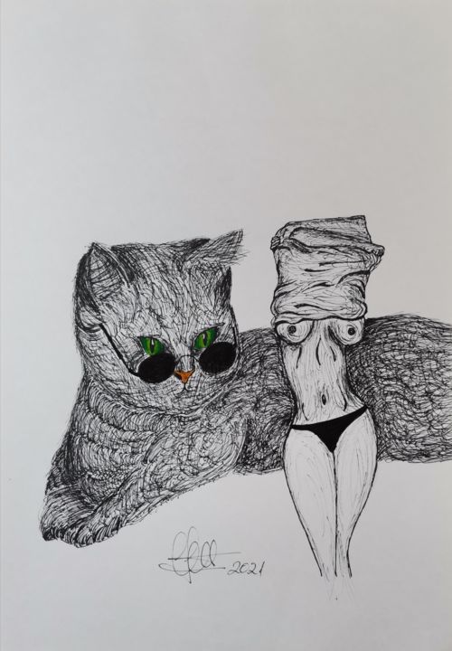 Zeichnungen mit dem Titel "Excited Cat  (canet…" von Luciano Costa, Original-Kunstwerk, Kugelschreiber