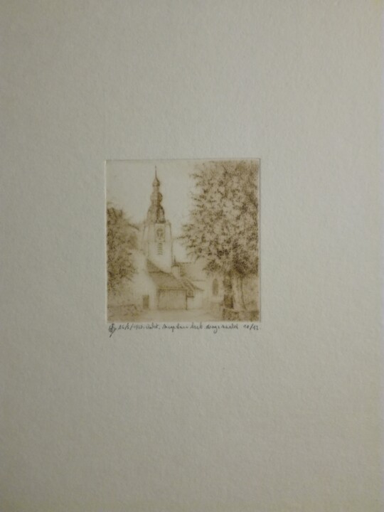 Druckgrafik mit dem Titel "mespelare-kerk-eers…" von Lucienne Van Sande, Original-Kunstwerk, Gravur
