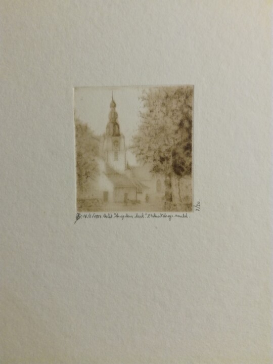 Printmaking titled "mespelare-kerk-twee…" by Lucienne Van Sande, Original Artwork, Engraving