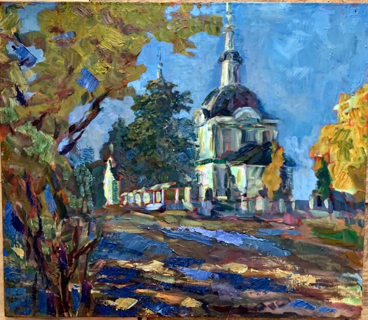 Painting titled "Церковь в селе Волк…" by Ludmila Cerednicenko, Original Artwork, Oil