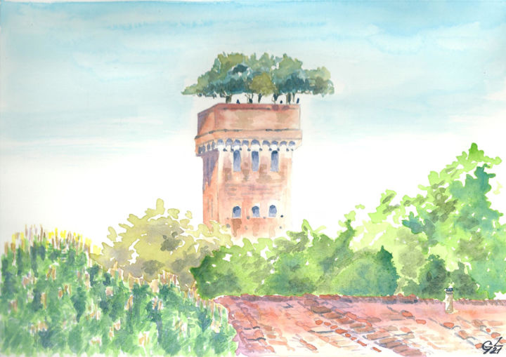 Pittura intitolato "Torre Guinigi" da Luigi Giammattei, Opera d'arte originale, Acquarello