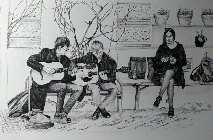 Drawing titled "Musicos en Praga.jpg" by Lacasa, Original Artwork, Ink