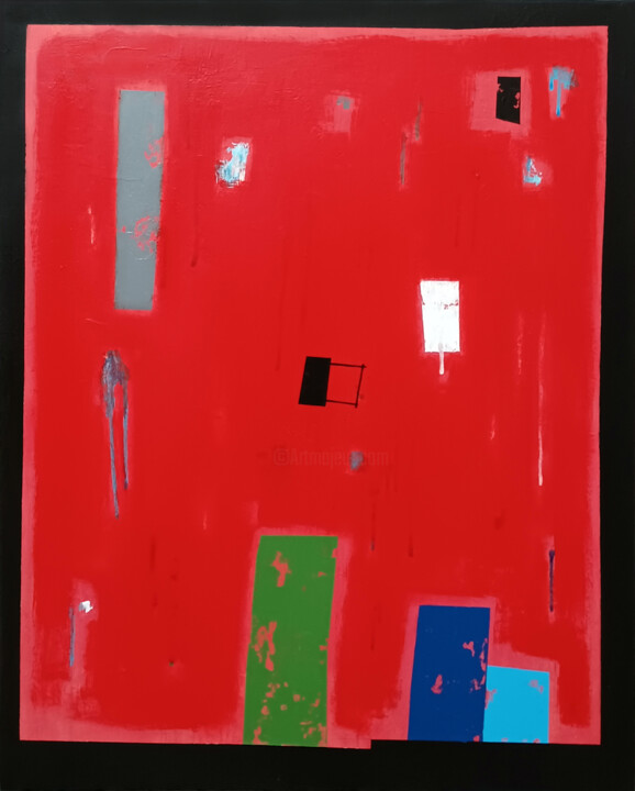 Painting titled "Red in city II" by Luis Medina, Original Artwork, Acrylic Mounted on Wood Stretcher frame