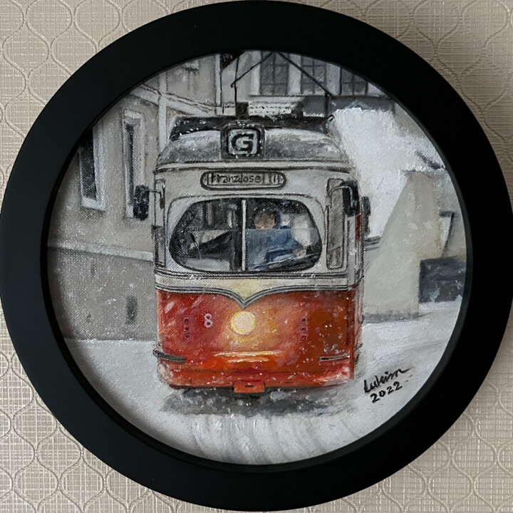 Schilderij getiteld "Snowy Tram at Franz…" door Lukim, Origineel Kunstwerk, Olie