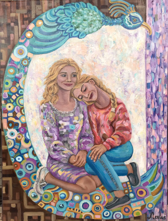 Painting titled "2 sisters. Original…" by Pintor Nicolas, Original Artwork, Oil Mounted on Wood Stretcher frame