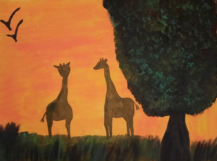 Peinture intitulée "Girafe en Afrique" par Nature Sabrina, Œuvre d'art originale, Acrylique Monté sur Panneau de bois