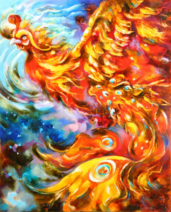 Pittura intitolato "Phoenix bird Painti…" da Lyudmila Knyazeva, Opera d'arte originale, Olio Montato su Telaio per barella i…