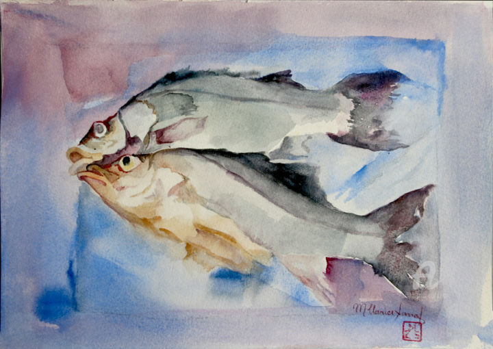 Painting titled "Signo de Peixes I" by M.Clarice Sarraf, Original Artwork, Watercolor