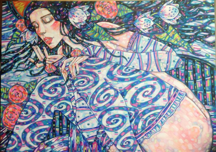 Painting titled "Девушка и цветы" by Marusya Dram, Original Artwork, Oil