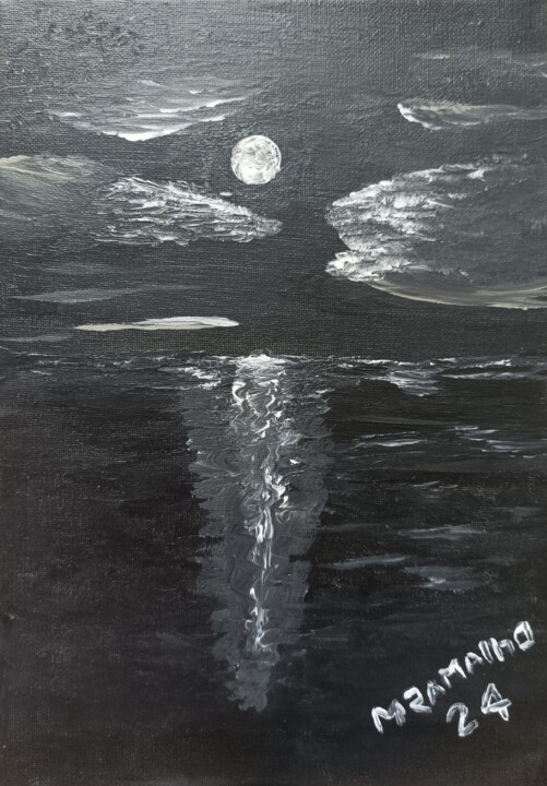 Malarstwo zatytułowany „Luar no Mar Adriáti…” autorstwa M Ramalho, Oryginalna praca, Akryl Zamontowany na Drewniana rama nos…
