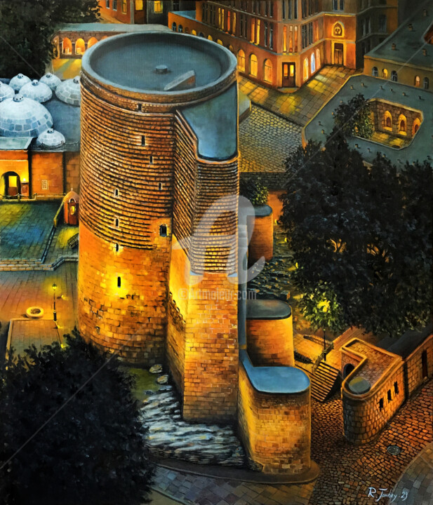 제목이 "The Maiden Tower"인 미술작품 Rauf Janibekov로, 원작, 기름 나무 들것 프레임에 장착됨