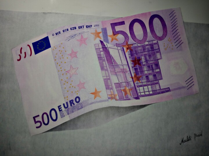 Drawing titled "Billet de 500€" by Machété Braid, Original Artwork, Ballpoint pen Mounted on Wood Stretcher frame