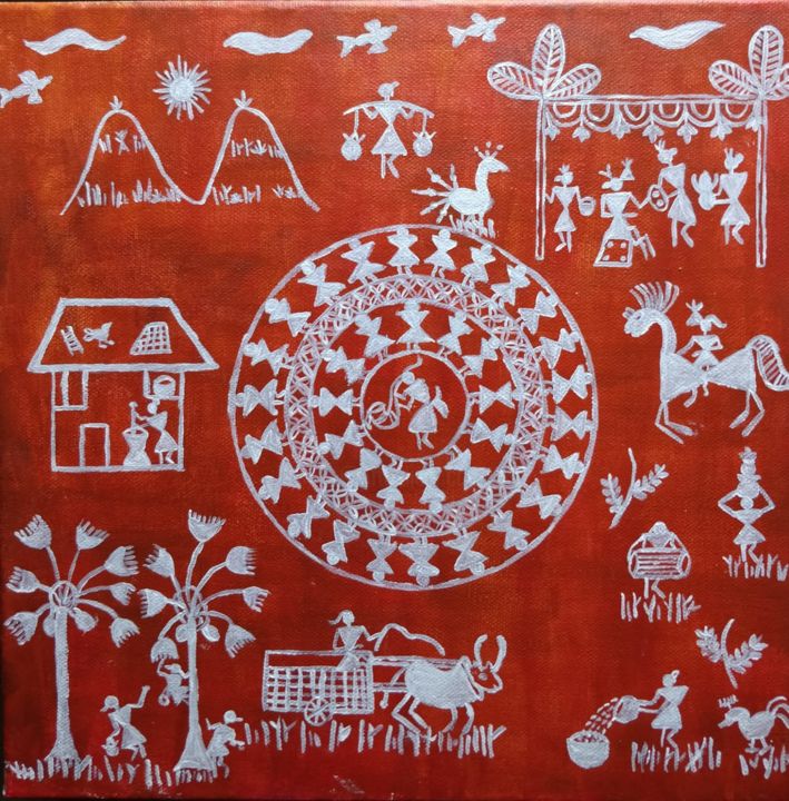 Pintura titulada "Warli Painting" por Madhumitha Vasu, Obra de arte original, Acrílico