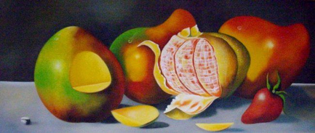 Malarstwo zatytułowany „BODEGON MANGO-MANDA…” autorstwa Maestro Alex Rivera Pintor Colombiano, Oryginalna praca