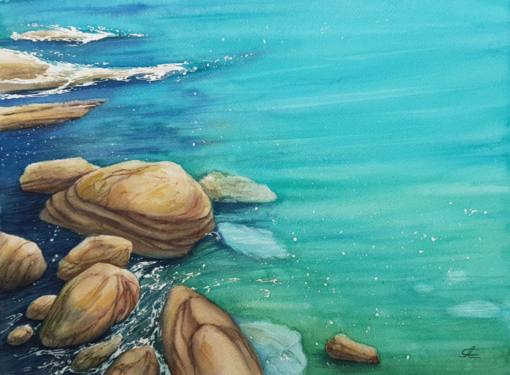 Painting titled "Seascape with stone…" by Svetlana Lileeva, Original Artwork, Watercolor