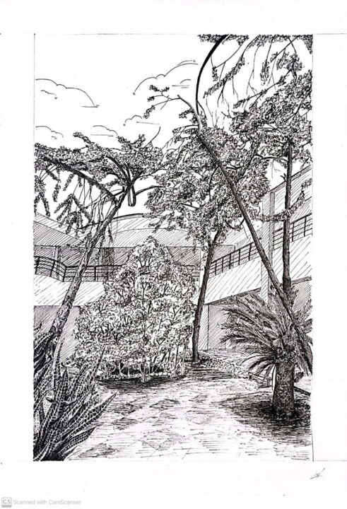 Drawing titled "Anjung Siswa" by Mahmud Awang, Original Artwork, Pigments