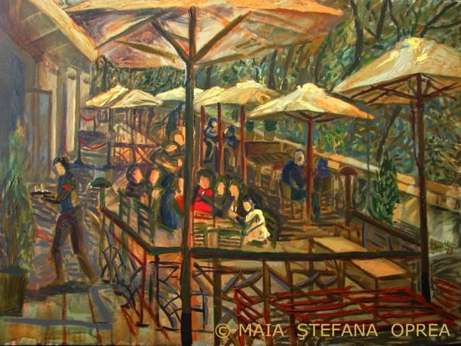 Schilderij getiteld "Terasse d'ete" door Maia Stefana Oprea, Origineel Kunstwerk, Olie