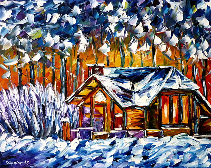 Pintura titulada "Haus im Winterwald" por Mirek Kuzniar, Obra de arte original, Oleo