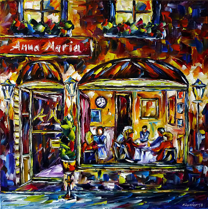 Malerei mit dem Titel "Café Anna Maria" von Mirek Kuzniar, Original-Kunstwerk, Öl