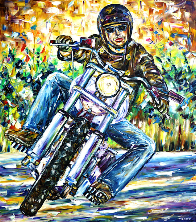 Malerei mit dem Titel "Biker" von Mirek Kuzniar, Original-Kunstwerk, Öl