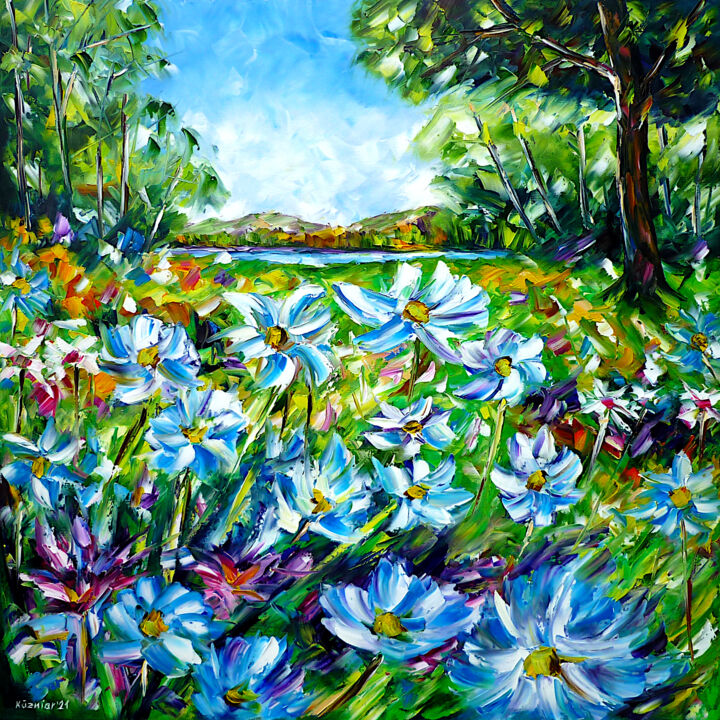 Malerei mit dem Titel "Blumenwiese" von Mirek Kuzniar, Original-Kunstwerk, Öl