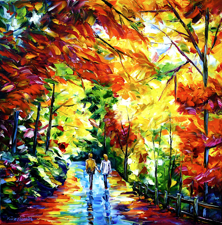 Malerei mit dem Titel "A couple in autumn" von Mirek Kuzniar, Original-Kunstwerk, Öl