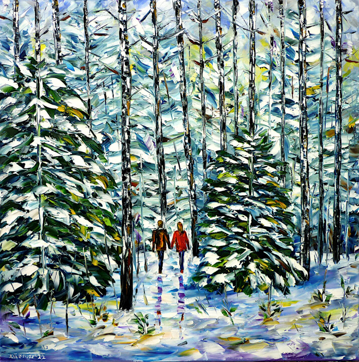 Malerei mit dem Titel "In the winter forest" von Mirek Kuzniar, Original-Kunstwerk, Öl