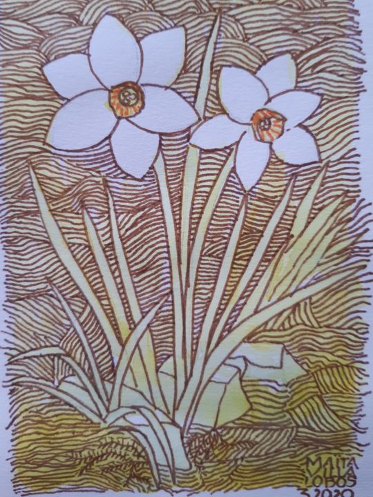 Drawing titled "Les jonquilles" by Maita Villalobos, Original Artwork, Marker