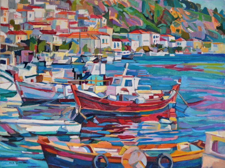 Painting titled "Fishing boats" by Maja Djokic Mihajlovic, Original Artwork, Oil