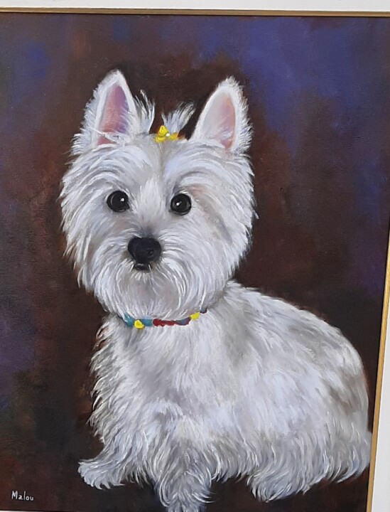 Pintura intitulada "Flora ,.minha westie" por Malou Pombo, Obras de arte originais, Óleo Montado em artwork_cat.