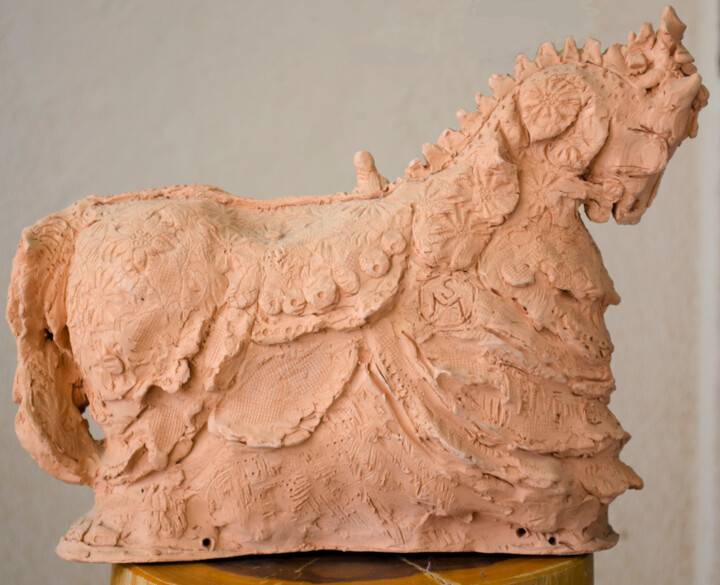 Sculpture titled "Dressed Horse" by Mandy Sand, Original Artwork, Ceramics