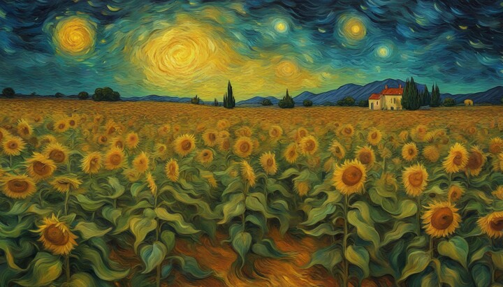 Цифровое искусство под названием "Sunflower Garden on…" - Mankdhani, Подлинное произведение искусства, Изображение, сгенерир…
