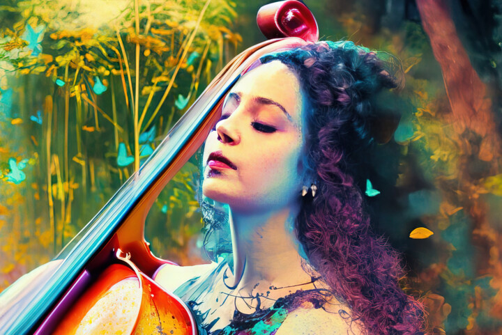 Digital Arts titled "Girl with cello" by Manolis Tsantakis, Original Artwork, AI generated image