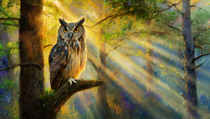 Digital Arts titled "Owl in the forest" by Manolis Tsantakis, Original Artwork, AI generated image