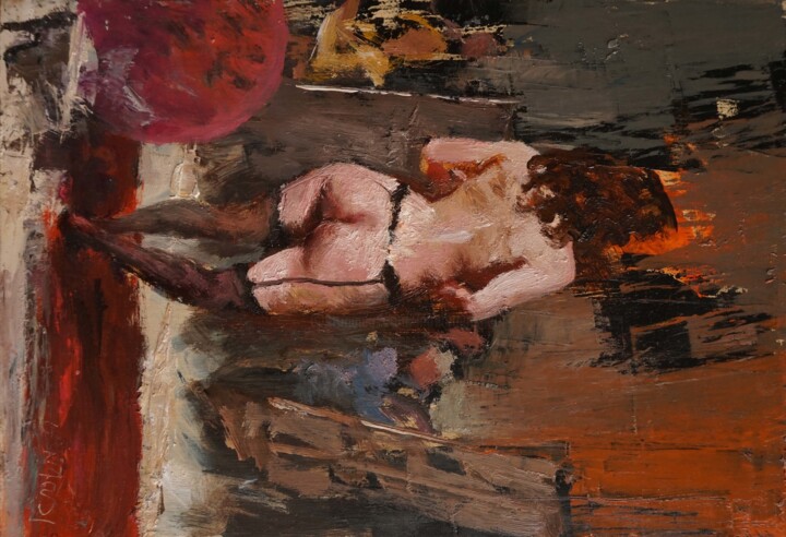 Peinture intitulée "Elle pose en bas ,…" par Manuel Leonardi, Œuvre d'art originale, Huile