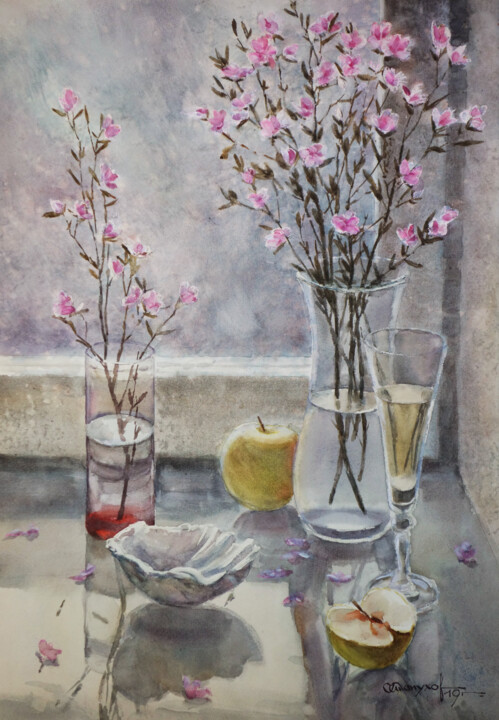 Malarstwo zatytułowany „Spring still-life w…” autorstwa Igor Manukhov, Oryginalna praca, Akwarela